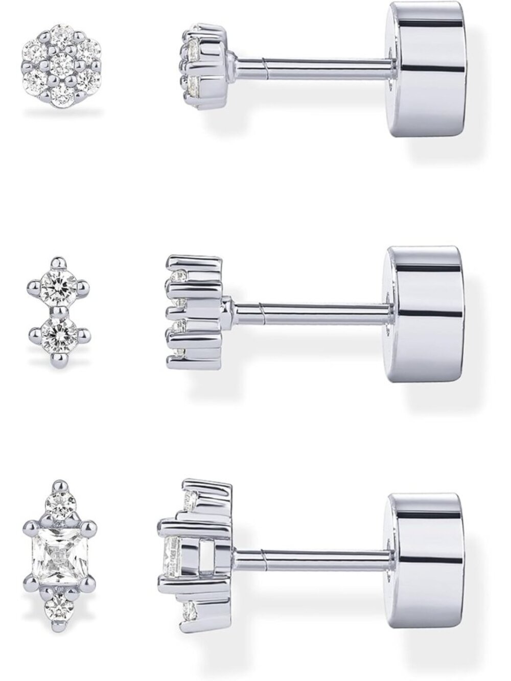 14K Gold Plated Flat Back Stud Earrings for Women, Multi-Shape CZ Jewelry